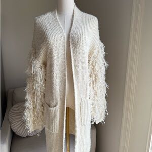 Anthropologie Cream Textured Open Cardigan with Fringe Sleeves